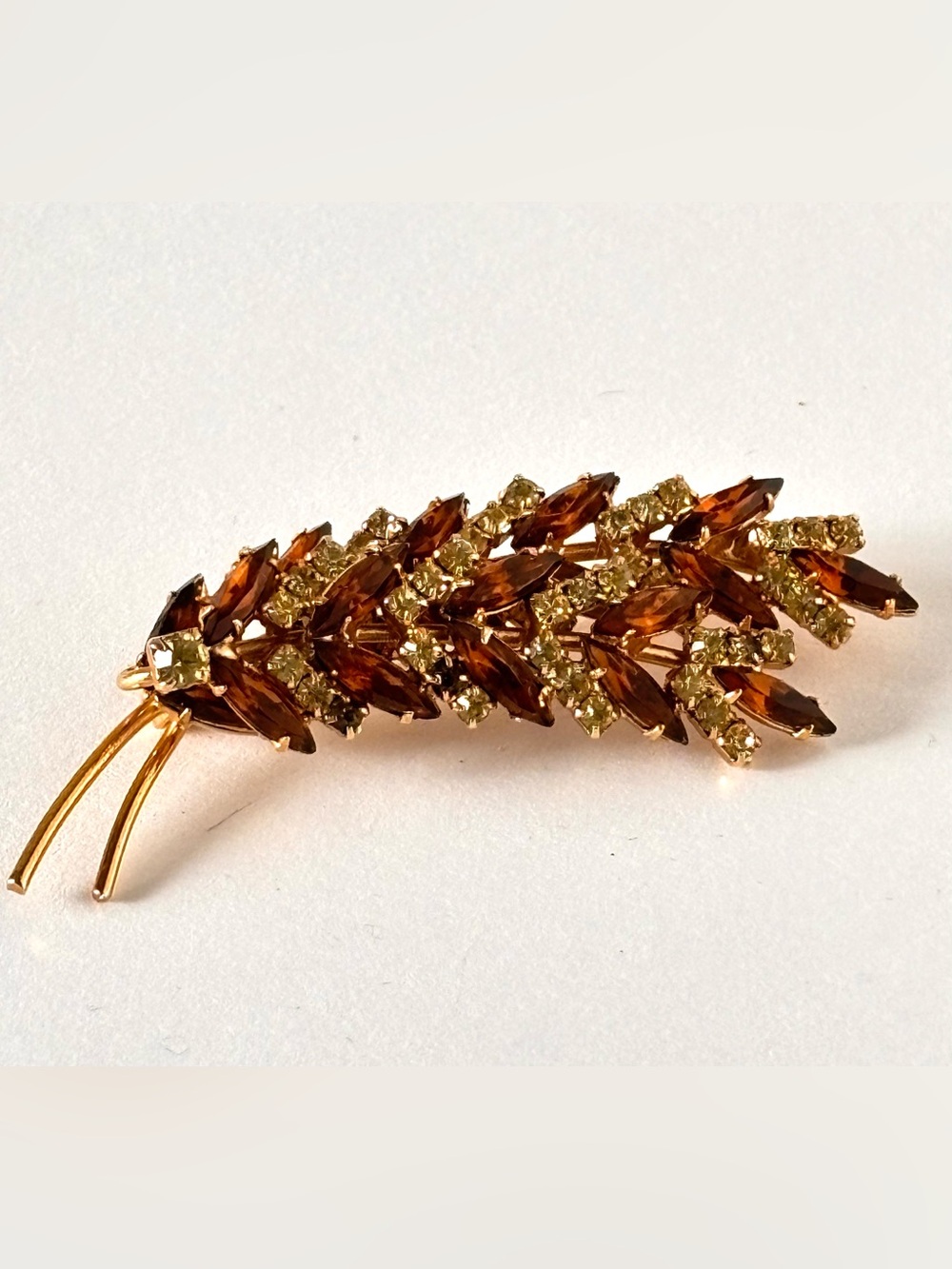 Vintage Floral Spray Brooch with Amber Cut Glass and Rhinestones